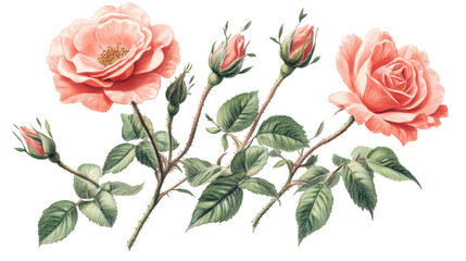 Vintage Pink Roses Floral Illustration