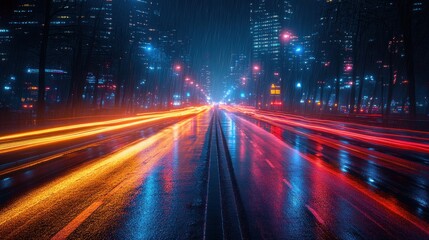 Obraz premium A vibrant city scene at night with illuminated traffic and rain-soaked streets.