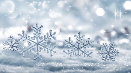 Magical Winter Scene with Crystalline Snowflakes Resting on a Soft Snowy Surface, Dreamy Background with Bokeh and Twinkling Stars