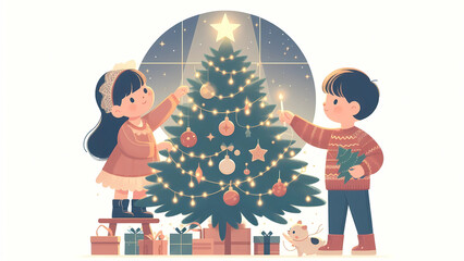 Children decorating tree together