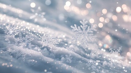 Magical Winter Scene with Crystalline Snowflakes Resting on a Soft Snowy Surface, Dreamy Background with Bokeh and Twinkling Stars