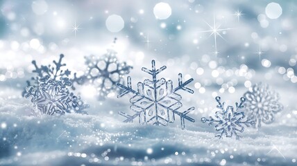 Magical Winter Scene with Crystalline Snowflakes Resting on a Soft Snowy Surface, Dreamy Background with Bokeh and Twinkling Stars