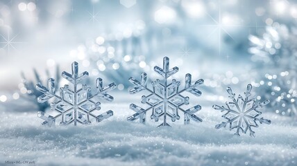 Magical Winter Scene with Crystalline Snowflakes Resting on a Soft Snowy Surface, Dreamy Background with Bokeh and Twinkling Stars
