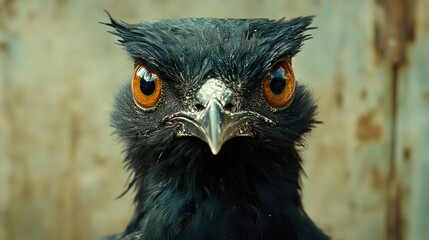 Fototapeta premium Intense Gaze: A Close-Up of a Dark Bird with Striking Orange Eyes
