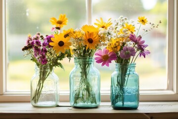 Fototapeta premium Three mason jars hold colorful wildflowers on a windowsill