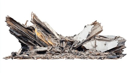Fragmented Remains of a Destroyed Structure on White Background Illustrating Devastation and Urban Deterioration in a Modern Context of Demolition and Reconstruction