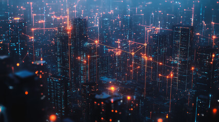 Fototapeta premium Smart digital Innovation city with connection network reciprocity over the cityscape. of future smart wireless digital city and social media networking systems that connects people with in city