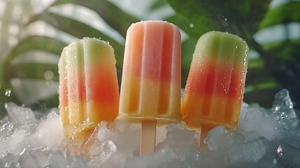 A close-up of melon trio popsicles mid-melt, the watermelon, cantaloupe, and honeydew layers dripping gently, surrounded by crushed ice and a summer backdrop of palm leaves, hd quality, natural light,