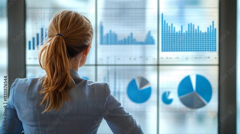 Poster A woman is looking at a computer monitor with a lot of graphs on it