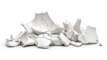 Fragmented White Ceramics Piled on White Background Showcasing Intricate Cracks and Textures in a Contemporary Artistic Composition for Visual Storytelling