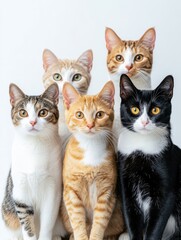 five different breeds of cats gathered for a photo session in the studio with beautiful faces and a clean, plain white background and the camera from afar