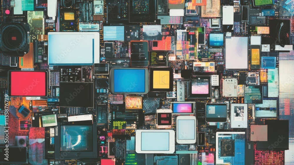 Poster a vibrant collage of electronic components and screens, showcasing technology's complexity.