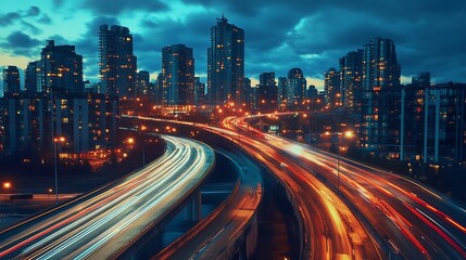 City Expressway at Night. Urban Traffic, Modern Architecture, and Cityscape.