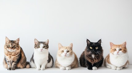 Several types of cat breeds gathered for a photo session in the studio with beautiful faces and a plain white background and the camera from afar