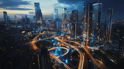 Smart digital Innovation city with connection network reciprocity over the cityscape. of future smart wireless digital city and social media networking systems that connects people with in city