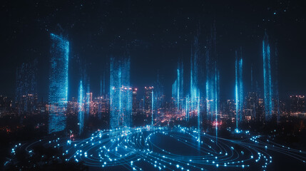 Obraz premium Smart digital Innovation city with connection network reciprocity over the cityscape. of future smart wireless digital city and social media networking systems that connects people with in city