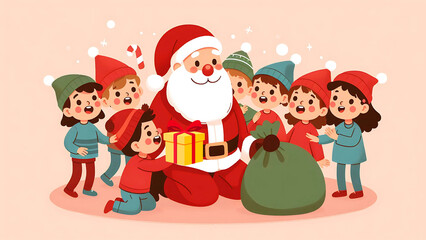 Santa Claus Giving Gifts to a Group of Excited Children