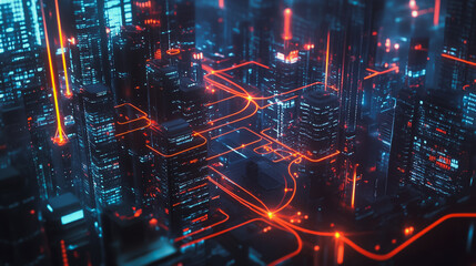 Fototapeta premium Smart digital Innovation city with connection network reciprocity over the cityscape. of future smart wireless digital city and social media networking systems that connects people with in city