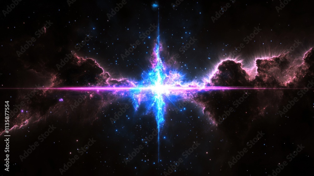 Poster A vibrant cosmic scene depicting a starburst in a colorful nebula.