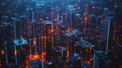 Smart digital Innovation city with connection network reciprocity over the cityscape. of future smart wireless digital city and social media networking systems that connects people with in city