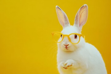 Fototapeta premium Charming White Rabbit Wearing Bright Yellow Glasses Against a Vibrant Yellow Background, Perfect for Quirky and Playful Use in Design and Marketing Materials