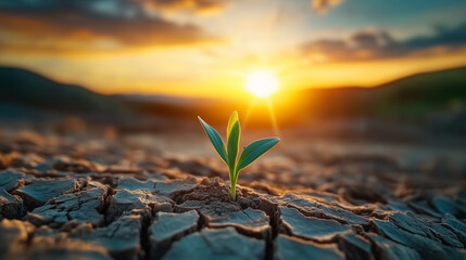 Resilient life: A young sprout emerges from cracked, arid soil against a vibrant sunset, symbolizing nature's ability to heal and regenerate after environmental challenges.