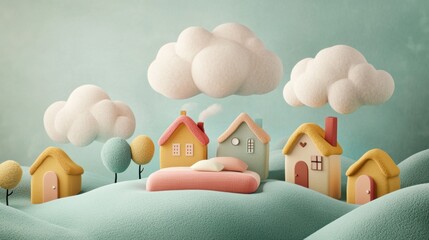 Minimalist and cute cover art with a wool felt-like style, showcasing soft clouds, houses made of bright cotton, and a pastel bed at the center. 