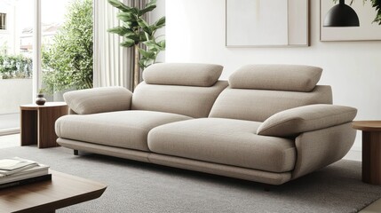 Modern beige fabric sofa in minimalist living room.
