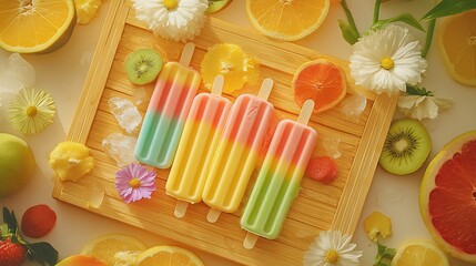 A flat lay of rainbow popsicles arranged on a bamboo tray, accompanied by fresh fruit slices, edible flowers, and crushed ice, golden hour lighting creating a playful and inviting aesthetic,