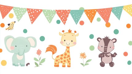 Naklejka premium Three Cartoon Animals with a Banner of Flags and Polka Dotted Circles