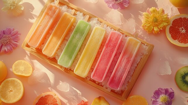A flat lay of rainbow popsicles arranged on a bamboo tray, accompanied by fresh fruit slices, edible flowers, and crushed ice, golden hour lighting creating a playful and inviting aesthetic,