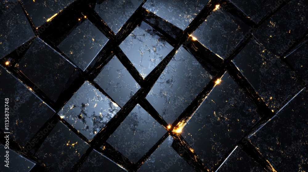 Aufkleber Abstract arrangement of dark, reflective cubes with glowing edges creating a textured pattern.