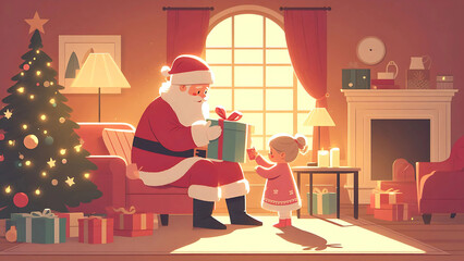 Santa Claus Giving a Present to a Child by the Christmas Tree