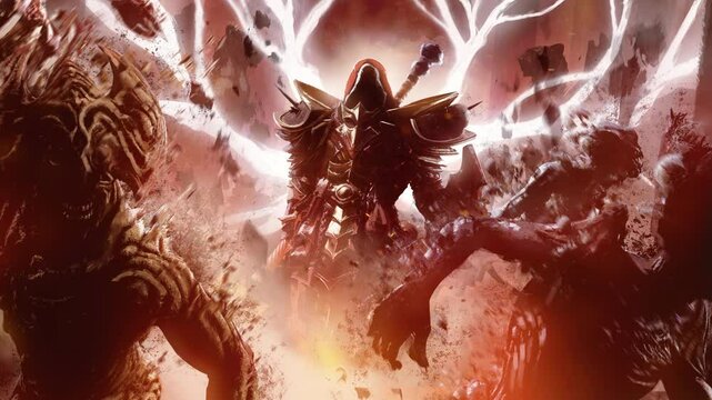 Angel descended straight into hell on his white wings like a tree, the demons and the earth around him crumble into dust from his holy energy in horror they run away.  clean looped 2d animated art