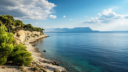 Obraz premium Coastal landscape with turquoise sea and cliffs. Scenic view of a Mediterranean paradise.