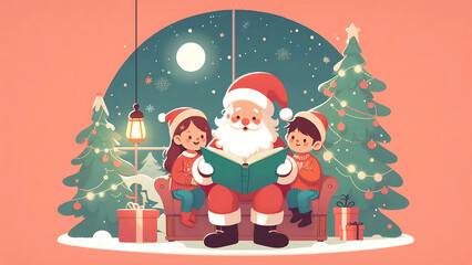 Santa Claus Reading to Children on Christmas Eve with Glowing Decorations