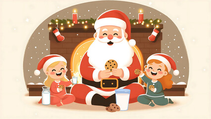 Santa Claus Enjoying Cookies by the Fireplace