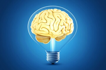 Conceptual Illustration of a Brain Inside a Light Bulb Representing Innovative Ideas, Creativity, Knowledge and Enlightenment on a Blue Background