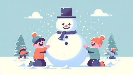 Playful Children Building a Snowman in a Snowy Winter Landscape