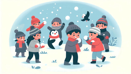 Group of Kids Enjoying a Snowball Fight and Playing with a Penguin in Winter