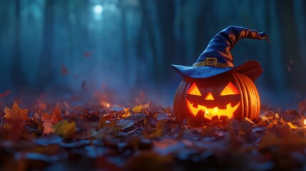 a glowing jack-o'-lantern with a witch's hat sits on fall leaves