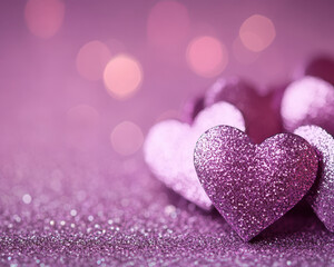 Obraz premium Glittering pink hearts create magical and romantic atmosphere, perfect for celebrations and special occasions. soft bokeh background enhances enchanting feel
