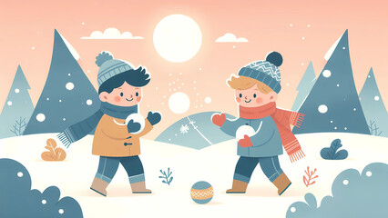 Two Kids Having Fun with Snowballs in a Peaceful Winter Landscape