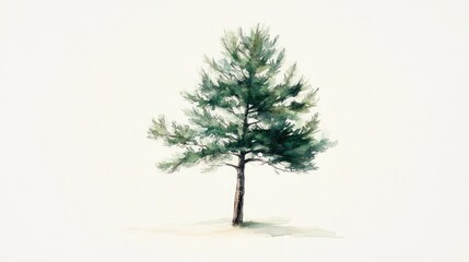 Elegant watercolor painting of a solitary pine tree showcasing intricate details of leaves and branches against a soft, light background for tranquil nature-themed projects.