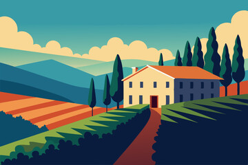 Naklejka premium A flat-style illustration of a vineyard with rows of grapevines and a stone villa
