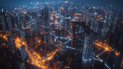 Obraz premium Smart digital Innovation city with connection network reciprocity over the cityscape. of future smart wireless digital city and social media networking systems that connects people with in city