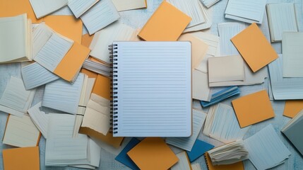 A study desk covered in an unorganized pile of books, notes
