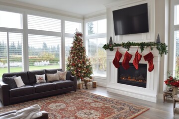 Cozy and Festive Living Room Decorated for the Holidays with a Beautiful Christmas Tree, Stockings, and a Warm Fireplace in a Bright Space