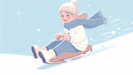 Joyful Girl Sledding Down a Snowy Hill on a Bright Winter Day