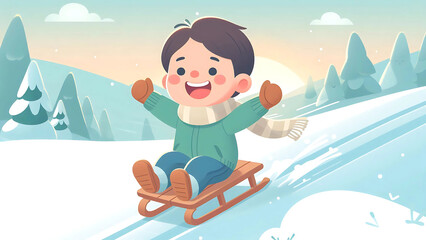 Smiling Boy Sledding Down a Snowy Slope in a Sunset Winter Scene